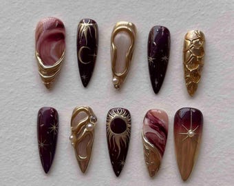 Handmade Celestial Galaxy Press On Nails | Gold Moons, Suns, Stars & Pearl Accents | Stiletto Nails For Mystic Cosmic Vibes