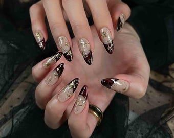 Handmade Burgundy Celestial Press On Nails | Custom Gold Star & Moon French Tips | Glossy Long Almond Nails for Party, Witchy, Summer Vibes