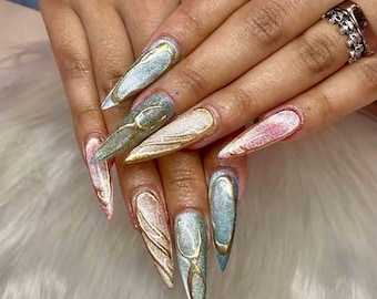 Handmade Chrome Press On Nails | Gradient Glitter Rainbow Nail Art with Gold 3D Outline | Long Stiletto Nails for Party & Glam Looks