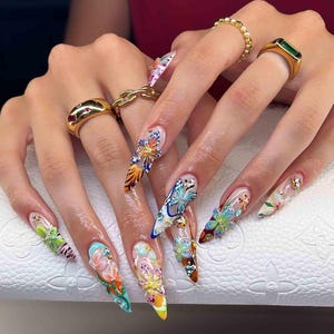 Handmade Colorful Butterfly Press On Nails | 3D Garden Insect Nail Art with Flowers & Gems | Glossy Long Stiletto Nails for Summer Girls