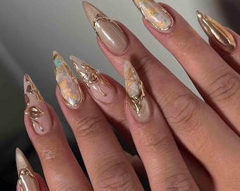 Handmade Opal Luxe Press On Nails | 3D Gold Gel Frames, Iridescent Shell Shards, Pearl Accents | Stiletto Nails For Elegant Vibe