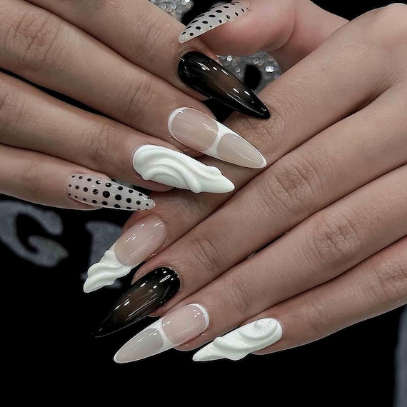 Handmade Black & White Press on Nails | Polka Dot, 3D Sculpted Gel Design | Glossy Almond Nails for Chic Party, Event or Daily Elegance