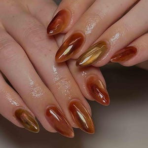 Handmade Autumn Press On Nails | Amber Cat Eye Chrome With Golden Glow | Almond Nails For Warm Cozy Vibes