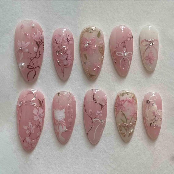 Handmade Sakura Blossom Press On Nails | Pink Cherry Flowers, Pearl Bows & Cute Cat Art | Almond Nails For Romantic Spring Vibe