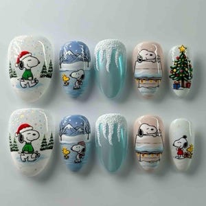 Handmade Winter Press On Nails | Snoopy, Snowy Mountains, Ice Textures & Christmas Tree Scene | Almond Nails For Cozy Holiday Vibes