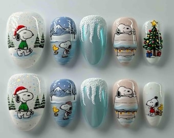 Handmade Winter Press On Nails | Snoopy, Snowy Mountains, Ice Textures & Christmas Tree Scene | Almond Nails For Cozy Holiday Vibes