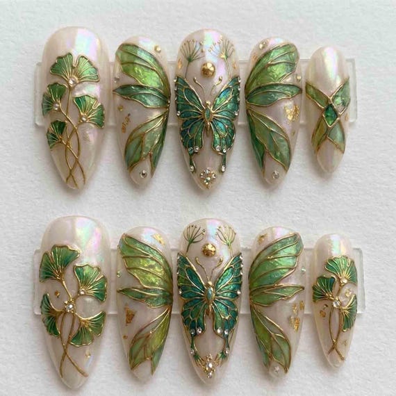 Handmade Green Fairy Press On Nails | Iridescent Pearl, Butterfly, Ginkgo Leaf & Crystal Art | Almond Nails for Forest Vibe
