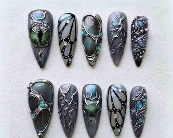 Gothic Dragon Eye Press On Nails, Blue Opal & Black Web Nails, Dark Silver Filigree Handmade Fantasy Nail Set