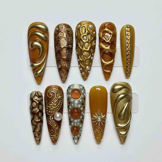 Handmade Gold Amber Press On Nails | Metallic Bronze Swirl, Pearl & 3D Texture Art | Stiletto Nails for Luxury Vintage Aesthetic