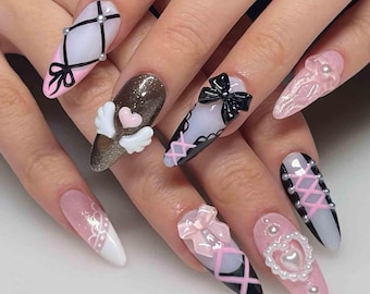 Handmade Pink Lace Bow Press On Nails | 3D Heart, Wings, Bow, and Lace Designs | Almond Nails with Pearls and Glitter for Kawaii Aesthetic