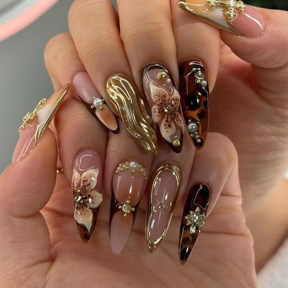 Handmade Gold Wave Floral Press On Nails | Custom Leopard French Tips with 3D Bloom & Pearls | Luxury Long Nails for Wedding or Events Look