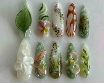 Handmade Botanical Garden Press On Nails | 3D Flowers, Leaves & Hand-Painted Nature Art | Stiletto Nails For Soft Natural Vibes