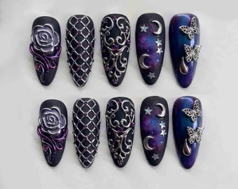Uñas postizas góticas hechas a mano / Rosa plateada 3D, luna celestial, mariposa y arte de red / Uñas almendradas para un estilo oscuro