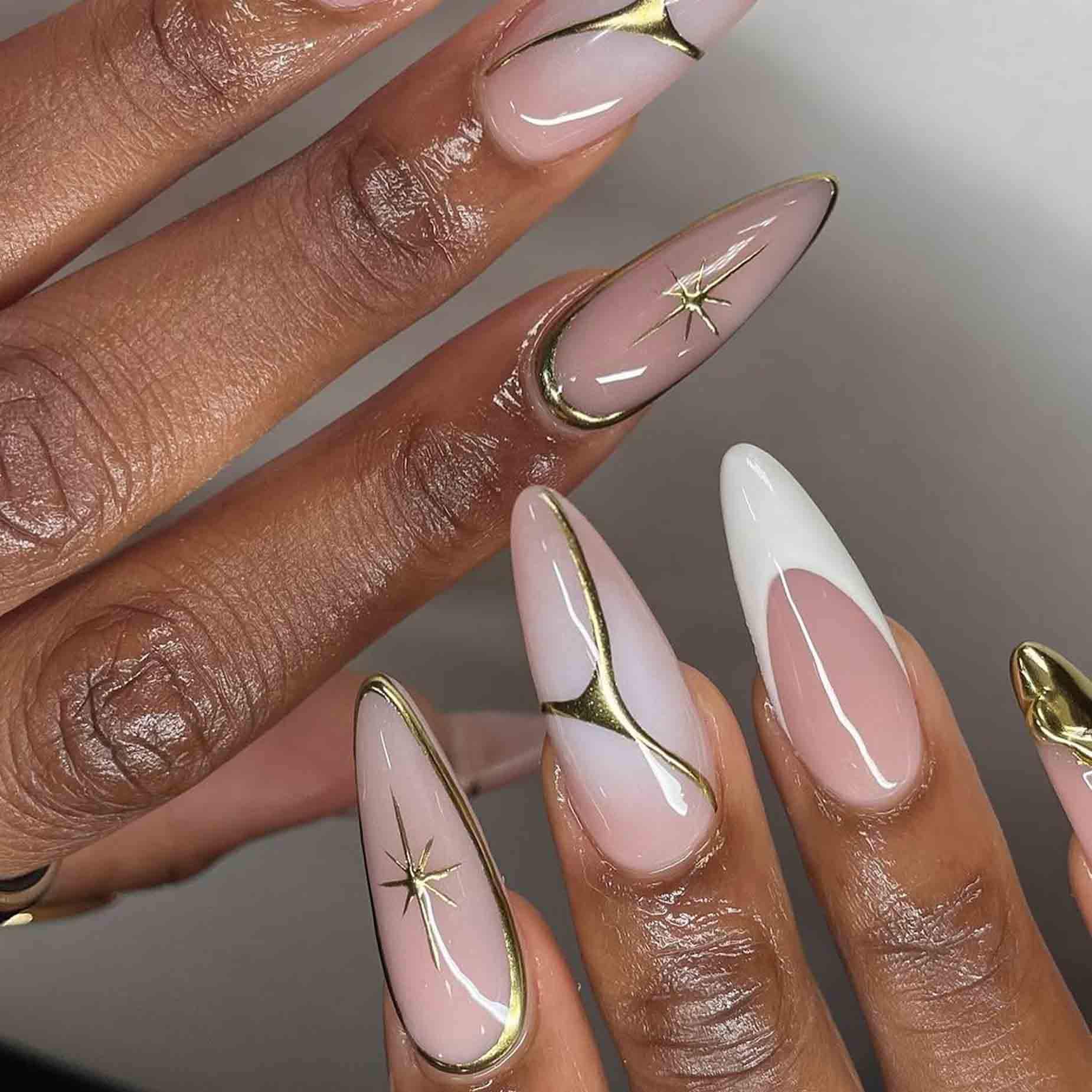 Handmade Gold French Press on Nails | White Tips, Star Charms & Gold  Metallic Lines | Long Almond Elegant Nails for Formal or Party Look - Etsy