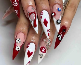 Handmade Lucky Game Night Press On Nails | Cards, Dice, Billiard Balls & Cherries | Long Stiletto Nails For Playful Bold Vibes