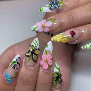 Handmade Colorful Garden Press On Nails | 3D Flowers, Butterflies & Ladybug Accents | Almond Nails for Spring, Nature Lovers