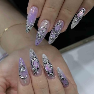 Handmade Purple Galaxy Press On Nails | 3D Silver Moon & Planet Nail Art | Iridescent Long Stiletto Nails for Spacecore or Party Look