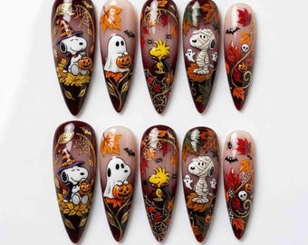 Uñas postizas hechas a mano con diseño de cachorros para Halloween / Diseño 3D de perro, fantasma, momia, calabaza y hoja / Uñas de aguja para un ambiente espeluznante