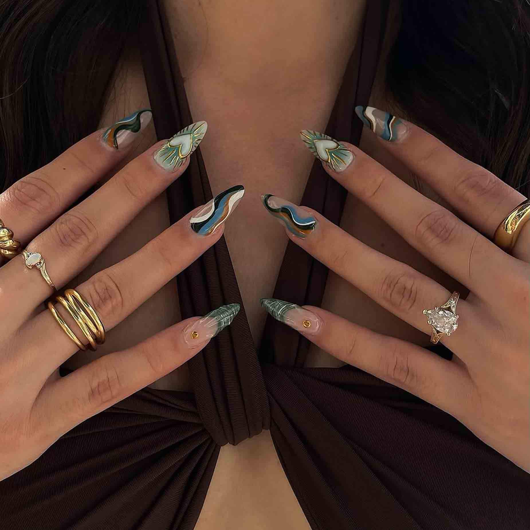Playful Lopsided Green Stencil Nails