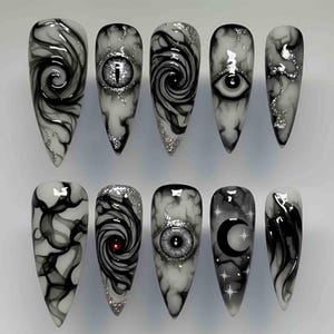 Handmade Gothic Horror Press On Nails | 3D Eyes, Black Swirls, Smoky Marble & Moon Star Designs | Stiletto Nails Dark Fantasy Vibe