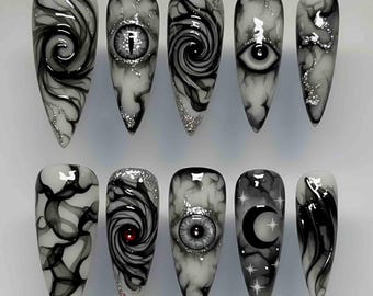Handmade Gothic Horror Press On Nails | 3D Eyes, Black Swirls, Smoky Marble & Moon Star Designs | Stiletto Nails Dark Fantasy Vibe