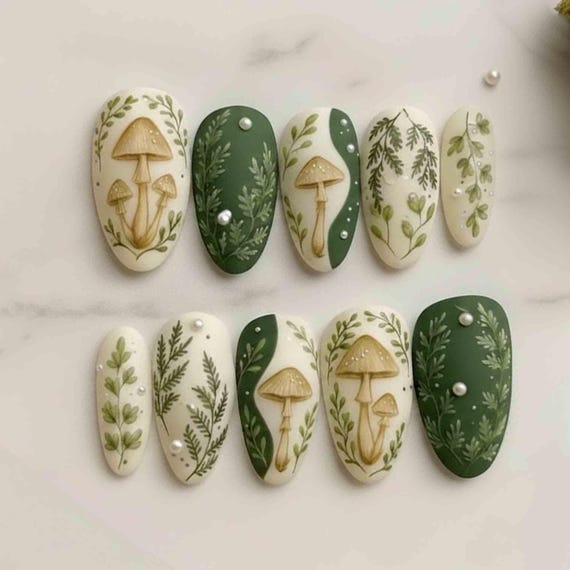 Handmade Green Botanical Press On Nails | Mushroom Art, Leaf Pattern & Pearl Accent | Almond Nails for Natural Cottagecore Vibes