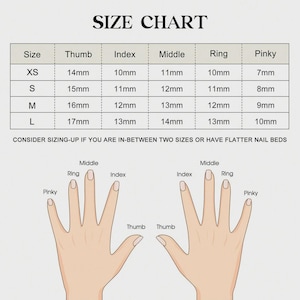 May include: A size chart for nail sizing, with measurements in millimeters for thumb, index, middle, ring, and pinky fingers. The chart includes sizes XS, S, M, and L, with corresponding measurements. The image also shows hand diagrams.