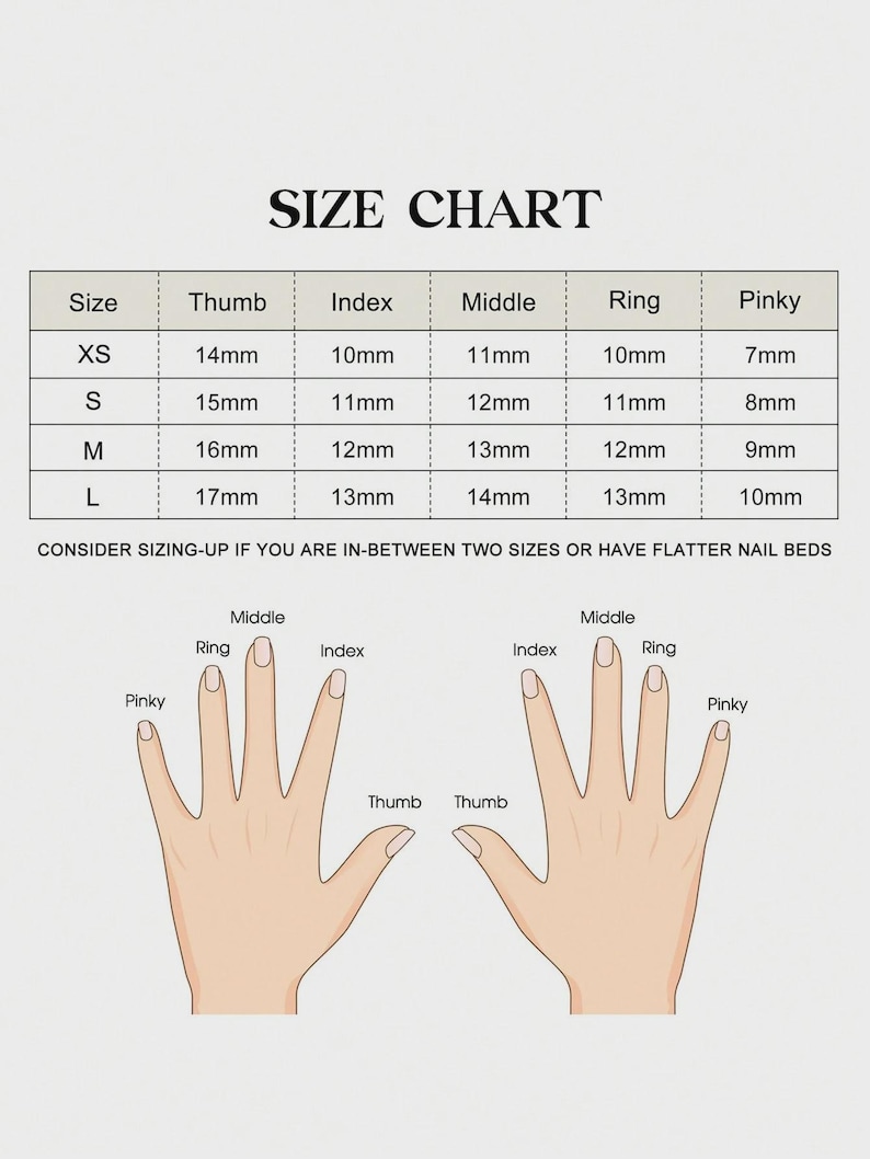 May include: A size chart for nail sizing, with measurements in millimeters for thumb, index, middle, ring, and pinky fingers. The chart includes sizes XS, S, M, and L, with corresponding measurements. The image also shows hand diagrams.