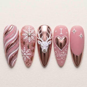 Rose Gold Winter Press On Nails, Pink Snowflake Reindeer Heart Nails, Chrome Sparkle Handmade Christmas Nails