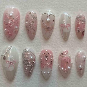 Handmade Elegant Princess Press On Nails | 3D Bows, Pearls, Crystals & Swan Art | Almond Nails For Wedding Fairytale Vibe