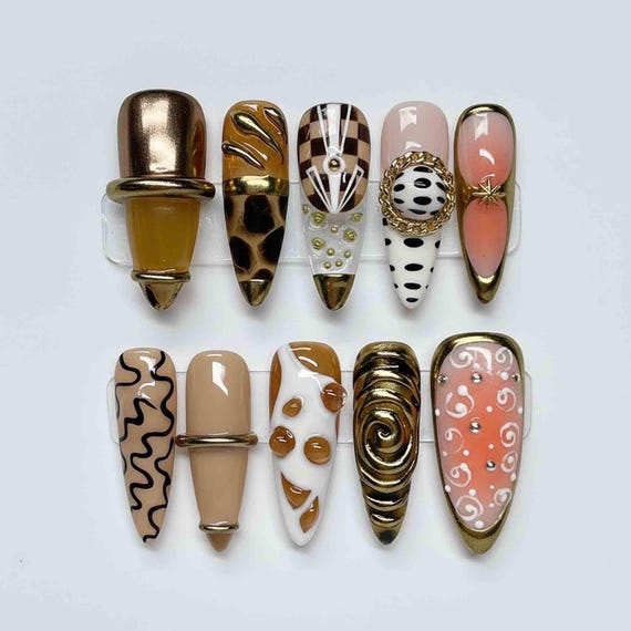 Handmade Caramel Swirl Press On Nails | Gold Accents, Tortoise Shell & Polka Dot Art | Stiletto Nails For Chic Retro Vibes