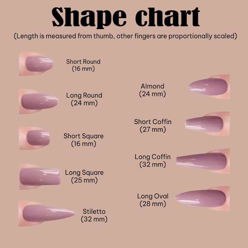 Puede incluir: Un gr&aacute;fico de formas de u&ntilde;as que muestra diferentes estilos: Short Round (16 mm), Long Round (24 mm), Short Square (16 mm), Long Square (25 mm), Stiletto (32 mm), Almond (24 mm), Short Coffin (27 mm), Long Coffin (32 mm) y Long Oval (28 mm).