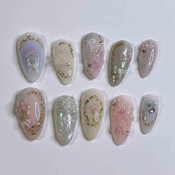 Handmade Fairycore Press On Nails | 3D Butterflies, Ribbons, Pastel Florals & Gold Frame Art | Oval Nails For Romantic Dreamy Vibe