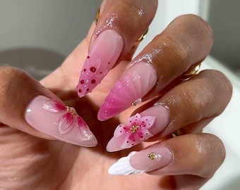 Handmade Soft Pink Ombre Press On Nails | 3D Floral French Tips with Pearls & Gold | Long Stiletto Nails for Romantic Spring Summer Vibes