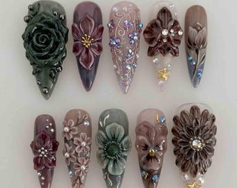 Uñas postizas hechas a mano con diseño de jardín encantado / Flores, gemas y estrellas moldeadas en 3D, base de mármol / Uñas largas de estilo stiletto para una estética caprichosa.