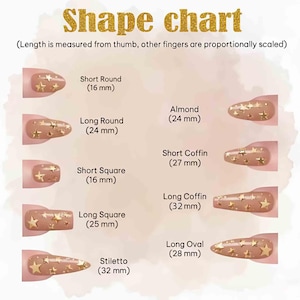 May include: A nail shape chart with the text "Shape chart" in gold glitter lettering. The chart displays various nail shapes, including Short Round (16 mm), Long Round (24 mm), Almond (24 mm), Short Coffin (27 mm), Short Square (16 mm), Long Coffin (32 mm), Long Square (25 mm), Stiletto (32 mm), and Long Oval (28 mm).