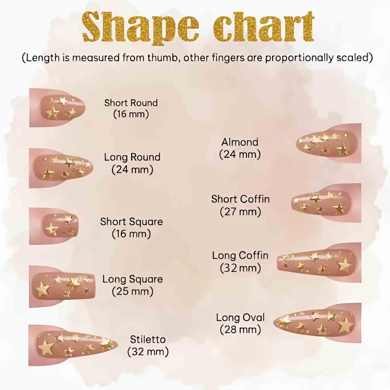 May include: A nail shape chart with the text "Shape chart" in gold glitter lettering. The chart displays various nail shapes, including Short Round (16 mm), Long Round (24 mm), Almond (24 mm), Short Coffin (27 mm), Short Square (16 mm), Long Coffin (32 mm), Long Square (25 mm), Stiletto (32 mm), and Long Oval (28 mm).