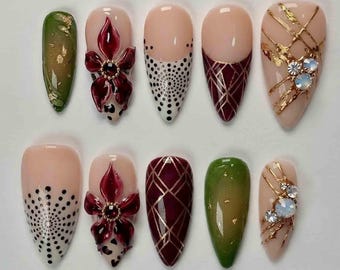 Uñas postizas artísticas hechas a mano / Flor roja 3D, mandala de puntos, cuadros y arte de cristal / Uñas almendradas para un estilo bohemio y elegante.