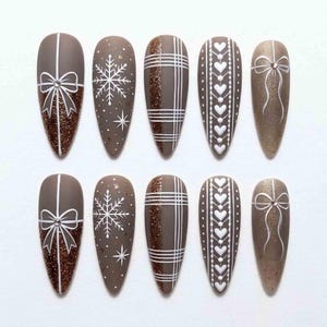 Handmade Brown Press On Nails | Snowflake Plaid Bow Pearl Nail Art | Stiletto Nails for Winter Nails Christmas Nails