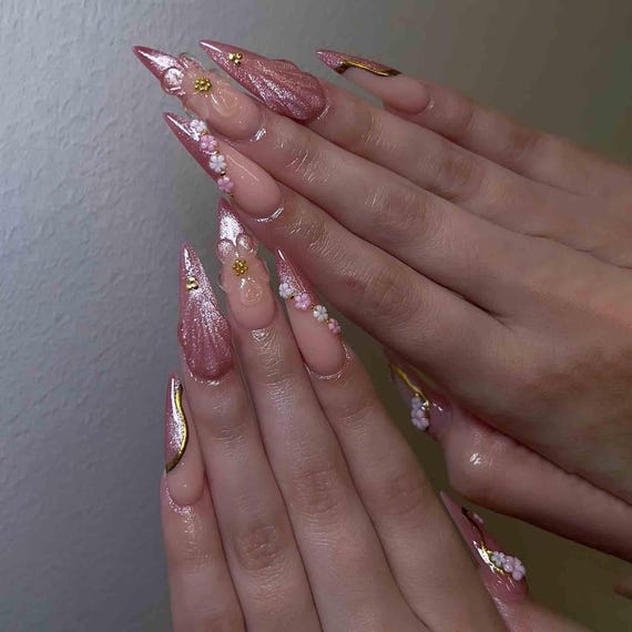 Handmade Pink Chrome Flower Press On Nails | 3D Sakura with Gold Foil Accents | Long Stiletto Elegant Nails for Spring Romantic Vibes