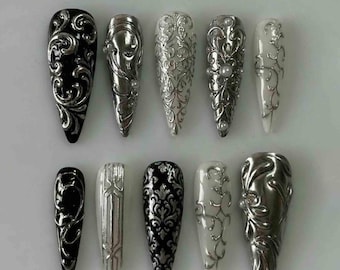 Handmade Baroque Gothic Press On Nails | Black, Ivory & Chrome Silver Relief Scroll Art | Stiletto Nails for Dark Luxury Vintage Aesthetic