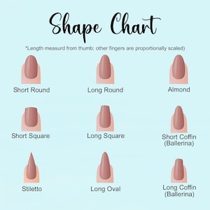 May include: A nail shape chart with nine different nail shapes, including Short Round, Long Round, Almond, Short Square, Long Square, Short Coffin (Ballerina), Stiletto, Long Oval, and Long Coffin (Ballerina). The text "Shape Chart" is at the top.