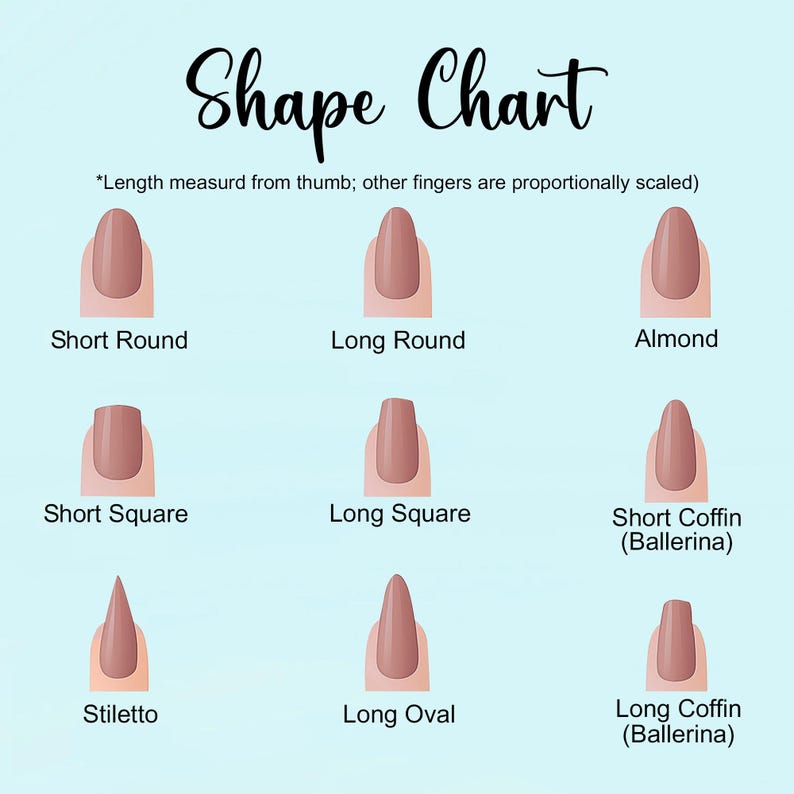 May include: A nail shape chart with nine different nail shapes, including Short Round, Long Round, Almond, Short Square, Long Square, Short Coffin (Ballerina), Stiletto, Long Oval, and Long Coffin (Ballerina). The text "Shape Chart" is at the top.