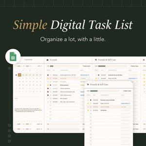 May include: Digital task list with a calendar, errands, friends & self-care, and shopping list sections. The text "Simple Digital Task List" is displayed in gold, with the tagline "Organize a lot, with a little."