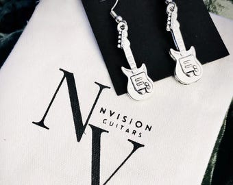 Silver Guitar Dangle Earrings | Music Lover Jewelry | Guitarist Gift | Handmade Style Earrings | Canvas Gift Bag Option