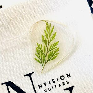以下が含まれることがあります： 緑色のシダの葉が内包された透明なギターピック。ピックは、黒い文字で「NVISION GUITARS」と書かれた白い布の上に置かれています。
