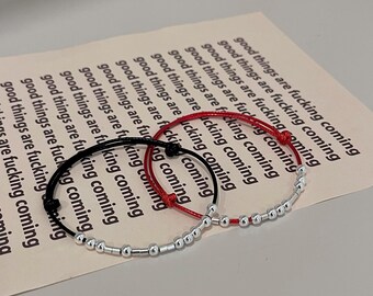 Morse Code Custom Bracelet Black String, Sterling Silver Secret Gift for Him Her