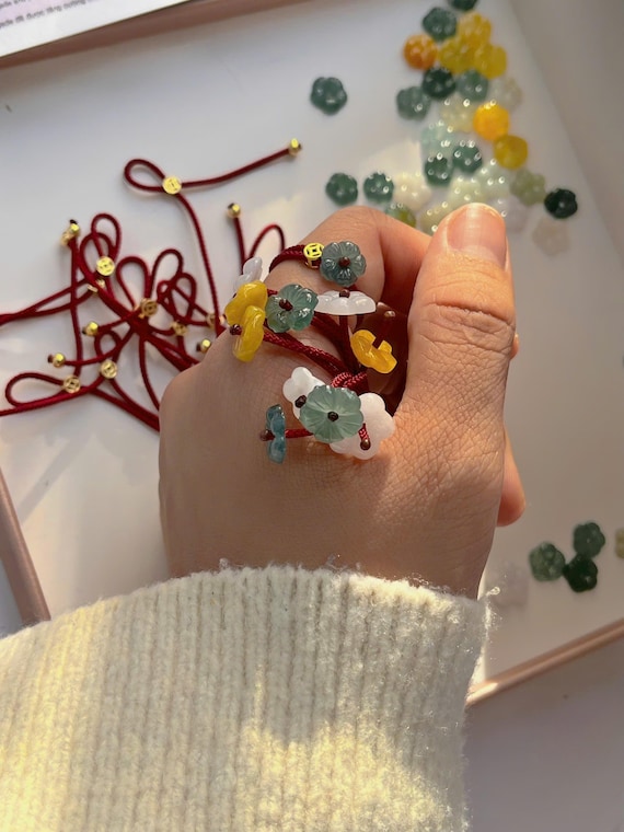 Green Yellow White Natural Jade type A Flower Bracelet: Red String, Sterling Silver Accents