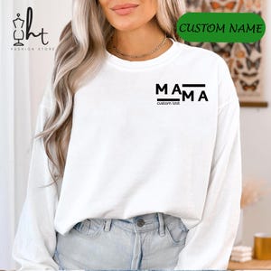 Custom Minimalist Mama Sweatshirt with Personalized Name Text, Modern Mother&#39;s Day Gift, Simple Mom Crewneck with Custom Kid&#39;s Names.