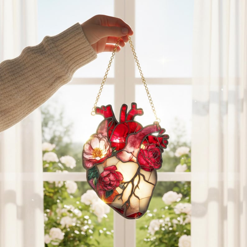 Custom Anatomical Heart Acrylic Suncatche – Floral Window Hanging –Romantic Dark Art Decor – Mother’s Day Gift – Unique Gift image 2